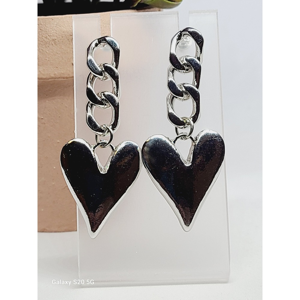 Silver Tone Chunky Curb Chain Link Heart Drop‎ Dangle Earrings Women's 2"
